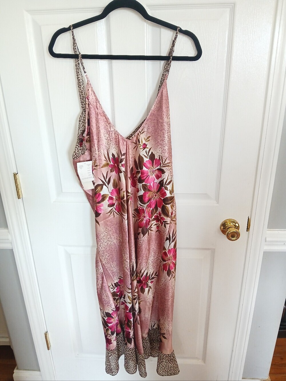 True Beauty By Emme Silky Floral Pink Slip Dress with Animal Trim Sexy Feminine - Picture 10 of 11